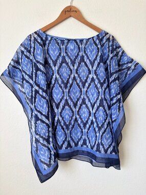 New Talbots Top Womens XS Blue Ikat Print Silk Blend Poncho Sheer Cape Blouse